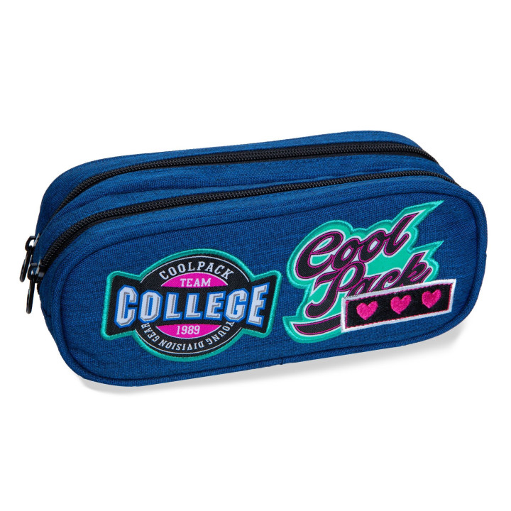 DOUBLE ZIPPERS PENCIL CASE COOLPACK CLEVER GIRLS BADGES DENIM (B65057)
