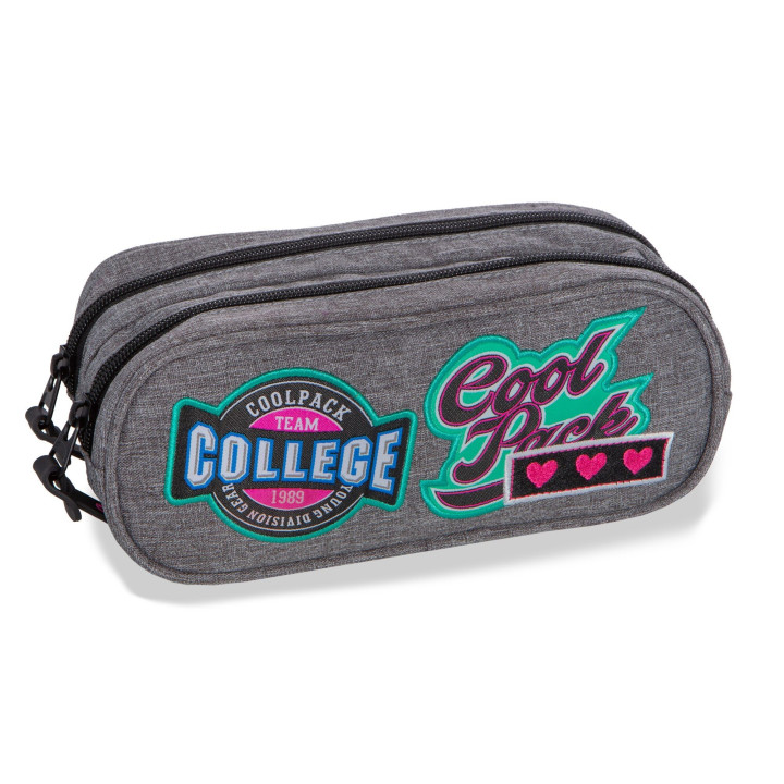 DOUBLE ZIPPERS PENCIL CASE COOLPACK CLEVER GIRLS BADGES GREY (B65058)