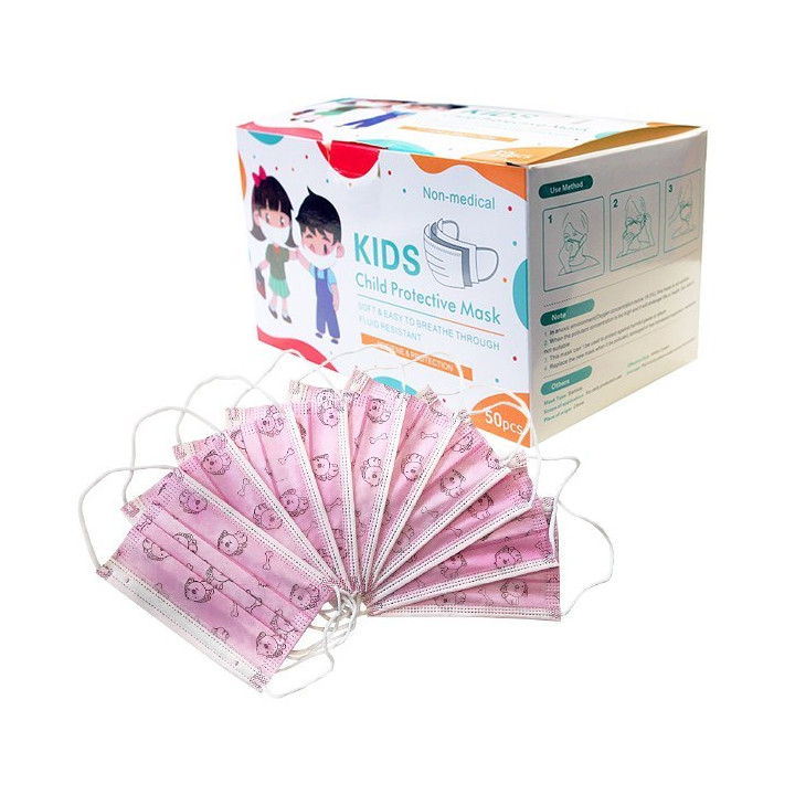 CHILD PROTECTIVE MASK 3PLY EAR LOOP PINK DOG 50 PCS