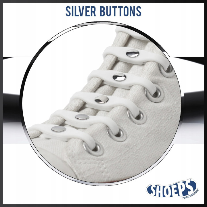 SHOEPS ELASTYCZNE SILIKONOWE SZNURÓWKI BIAŁE ZE SREBRNYMI WSTAWKAMI 14 SZTUK