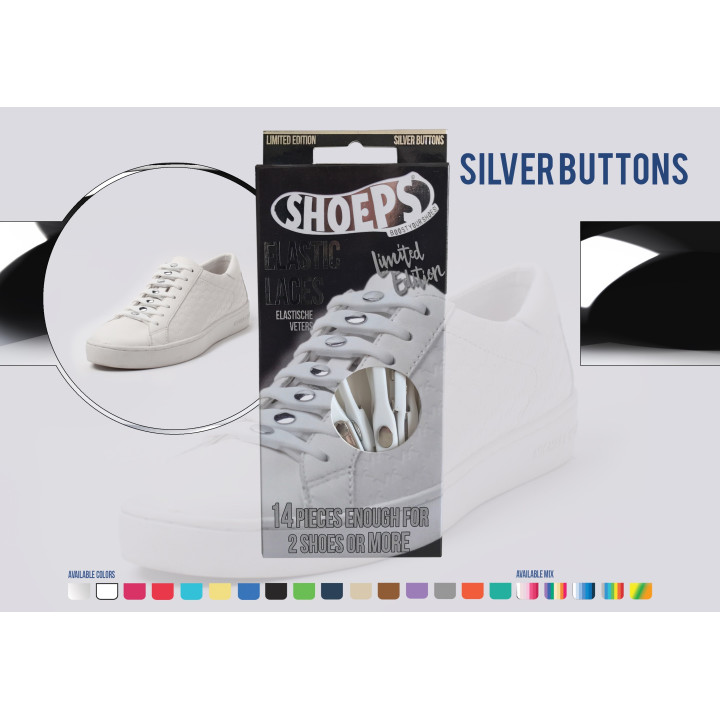 SHOEPS ELASTIC LACES WHITE SILVER BUTTONS 14 PIECES