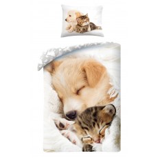 SINGLE DUVET SET 140 X 200 CM ANIMAL CAT AND DOG C-0035BL